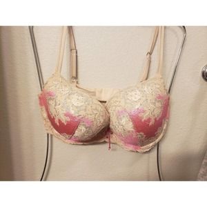 Victoria Secret Very Sexy Push UP Pink and Beige lace and jeweled bra size 36DD